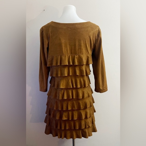 Isle by Meliz Kozan Faux Suede Chic Tiered Long Sleeve Dress  Brown Boho Fall - Picture 4 of 6